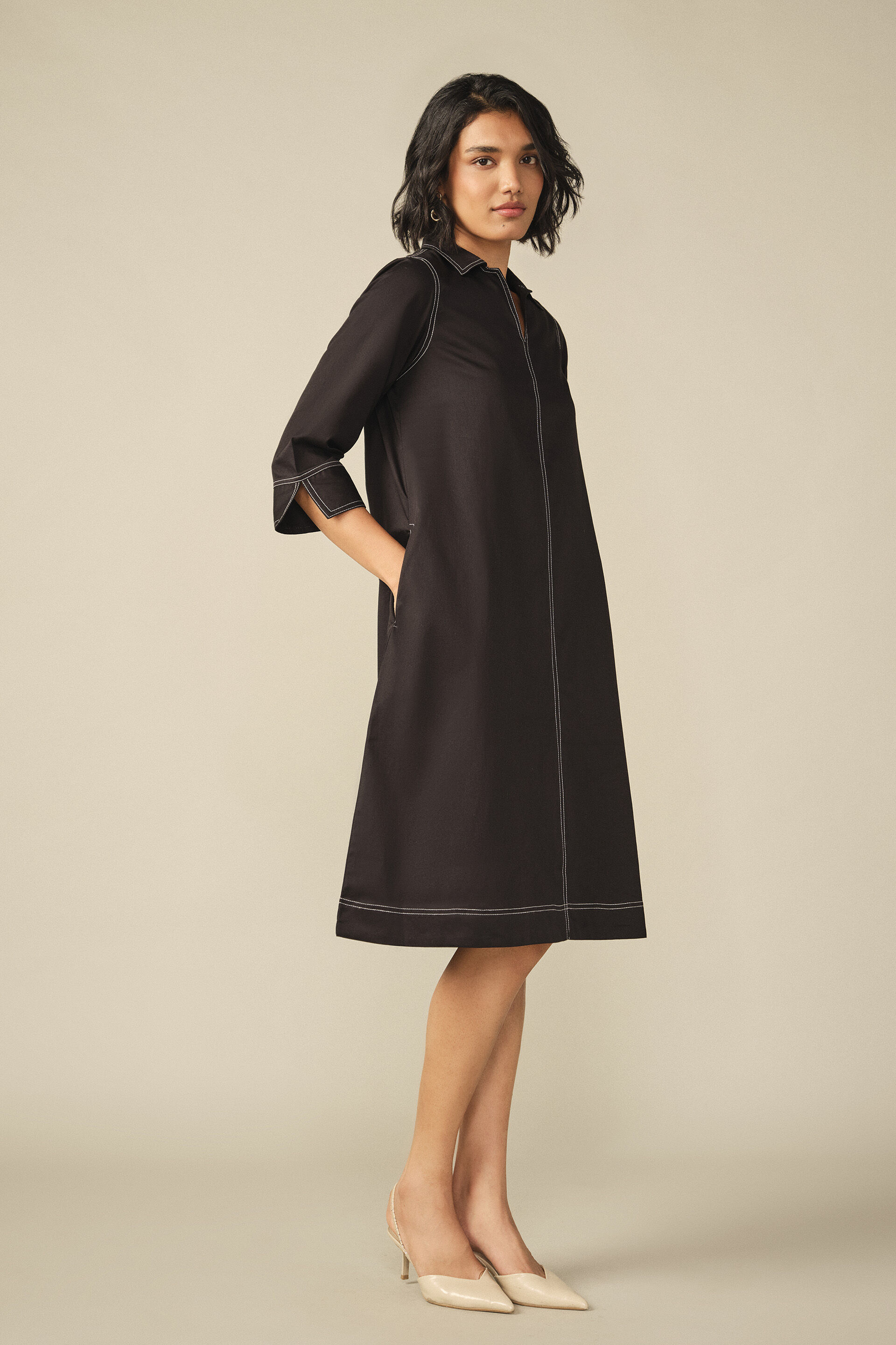 A-line Cotton Mini Dress in Black, Black, image 2
